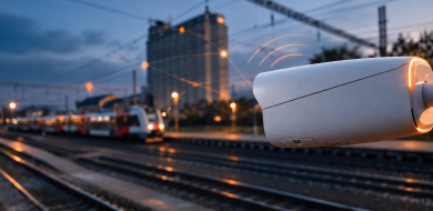 AI security camera monitoring a railway environment with real-time mobile connectivity and data transmission.