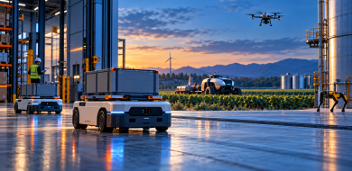 Autonomous mobile robots, a drone and an agricultural machine operating in a smart industrial environment with blue and orange accents.