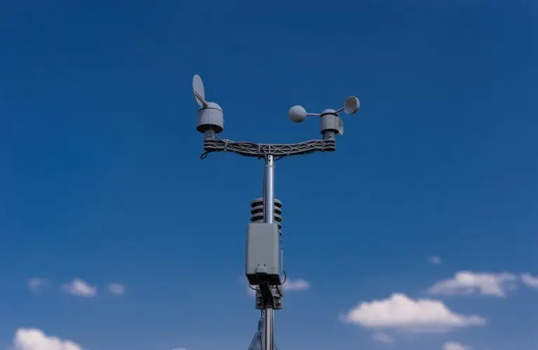 Weather station with IoT sensor installed outdoors on a mast, connected via wireless M2M connectivity