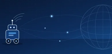 Mobile robot connecting wirelessly to multiple mobile networks worldwide, illustrating IoT connectivity for robotics.