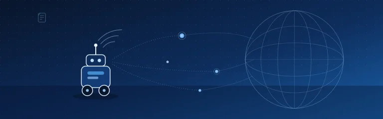 Mobile robot connecting wirelessly to multiple mobile networks worldwide, illustrating IoT connectivity for robotics.