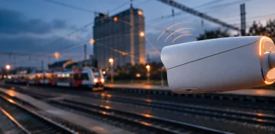 AI security camera monitoring a railway environment with real-time mobile connectivity and data transmission.