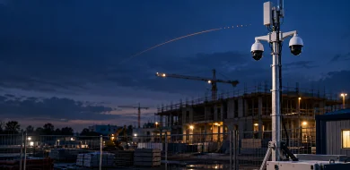 Throttling and CCTV: mobile camera tower with two dome cameras on a construction site at night, its data signal fading out